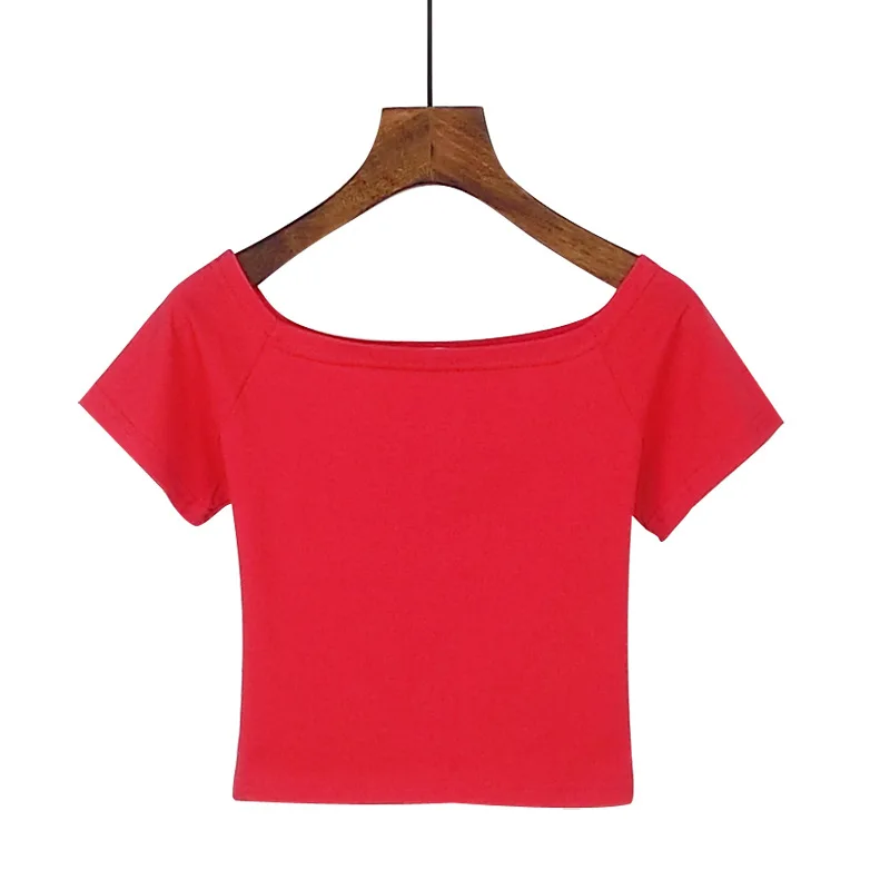Сексуальный укороченный топ с вырезом-лодочкой, женская футболка с коротким рукавом, черная белая короткая футболка, базовые Стрейчевые футболки - Цвет: Красный