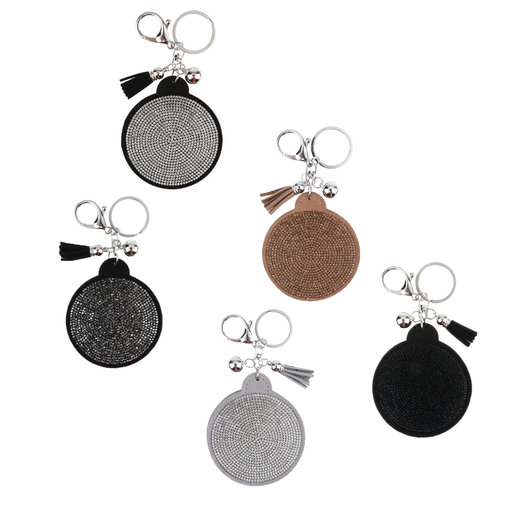 Woman Charm Key Chain Shape Round Crystal Keychain Tassel Mirror Grey