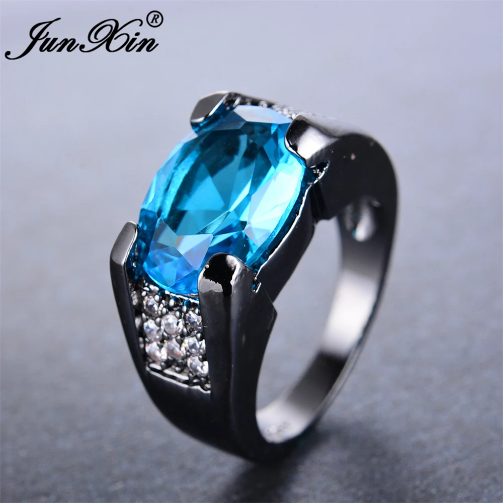 

JUNXIN Gorgeous Male Light Blue Oval Ring 2017 New Fashion Men Ring Black Gold Filled Jewelry Vintage Wedding Rings For Men