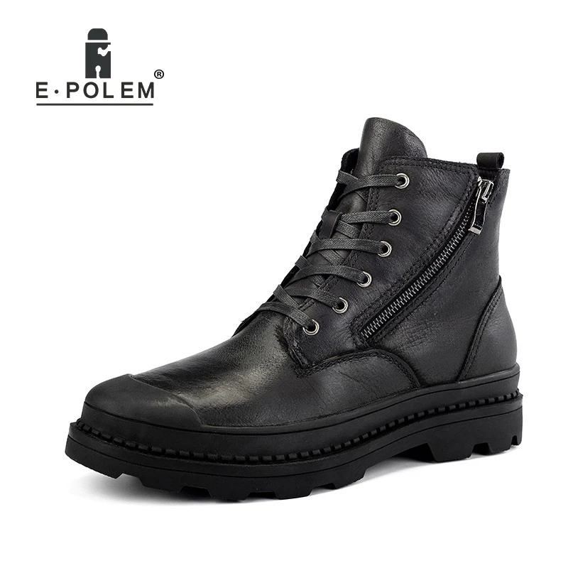 

E.POLEM Genuine Leather Patchwork Boots Spring/Autumn Wear-Resistance Side Zipper Light Winter Velvet Ankle Boots Warm