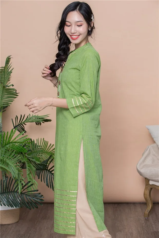 Woman Fashion Ethnic Styles Sets Print Cotton India Dress Lady Long Green Top And Pants