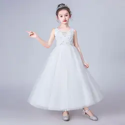Белое Бальное Платье для девочек в цветочек платья для свадеб Симпатичные v-образным вырезом без рукавов Длинные Кружева Тюль фортепиано