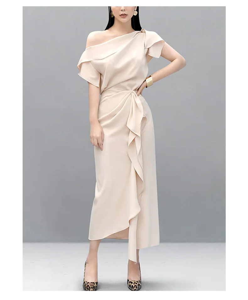 Модный летний комплект из 2 предметов, элегантное женское пикантное платье на одно плечо, укороченные топы и модные облегающие длинные юбки с оборками, комплект