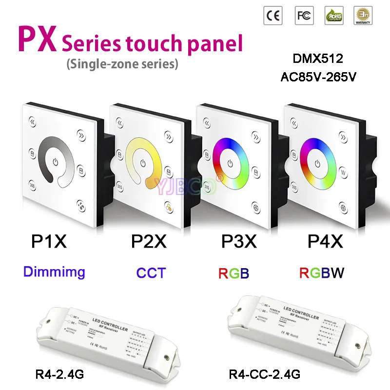 

BC AC85V-265V 2.4G DMX512 Dim/CCT/RGB/RGBW Touch panel P1X/P2X/P3X/P4X led strip dimmer;R4-CC-2.4G/R4-2.4G wireless Receiver