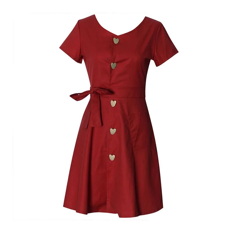 

PERHAPS U red v neck short sleeve mini dress heart button summer D1084