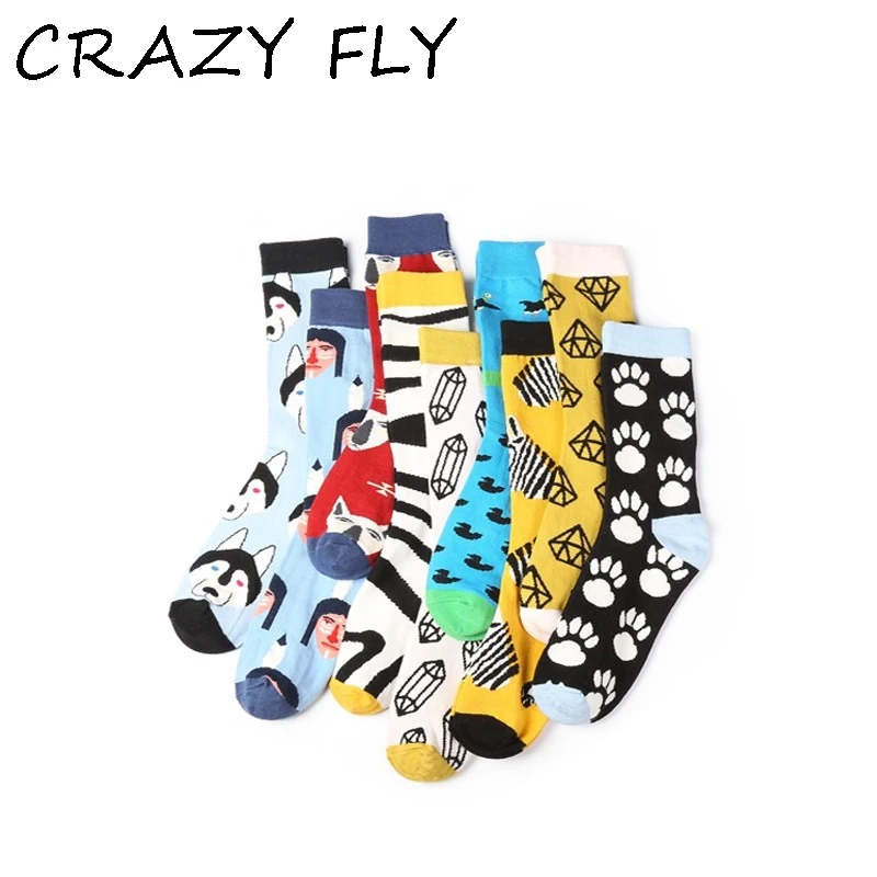 CRAZY FLY Cool Men Happy Socks Fashion Animal Dog Pattern Cartoon Long Ankle Art Socks Harajuku Women Cotton Funny Socks 2019