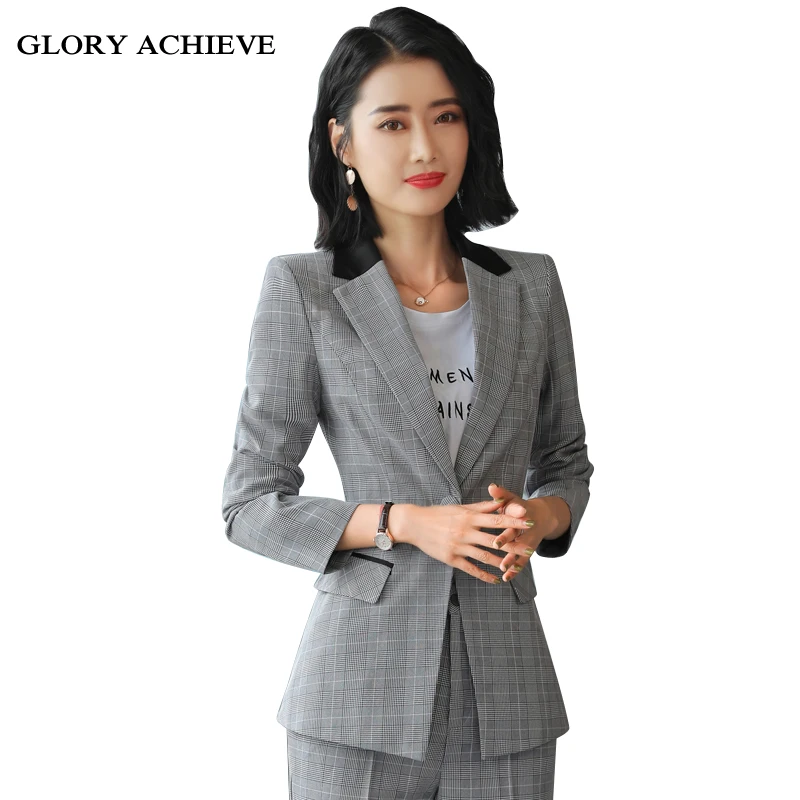 Large Size XXXXXL pants suits elegant woman Plaid 2 piece Set Formal Ladies Business Work Wear Jacket with Trousers Sets