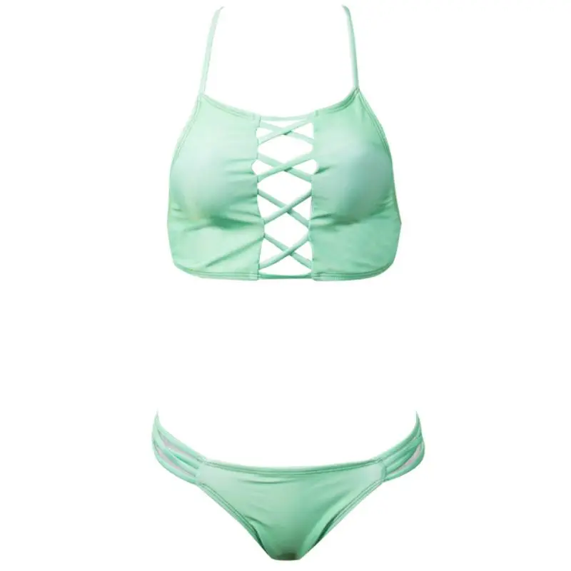 Women Solid Mint Green Two-piece Bikini Set High Waist Lace front top and side bottom