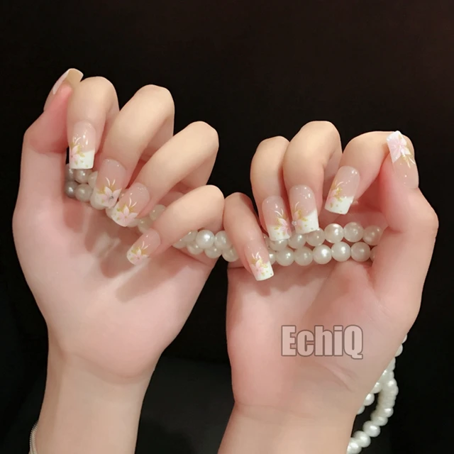 Flower Designs French Nail Tips Beige Natural Color Medium Full