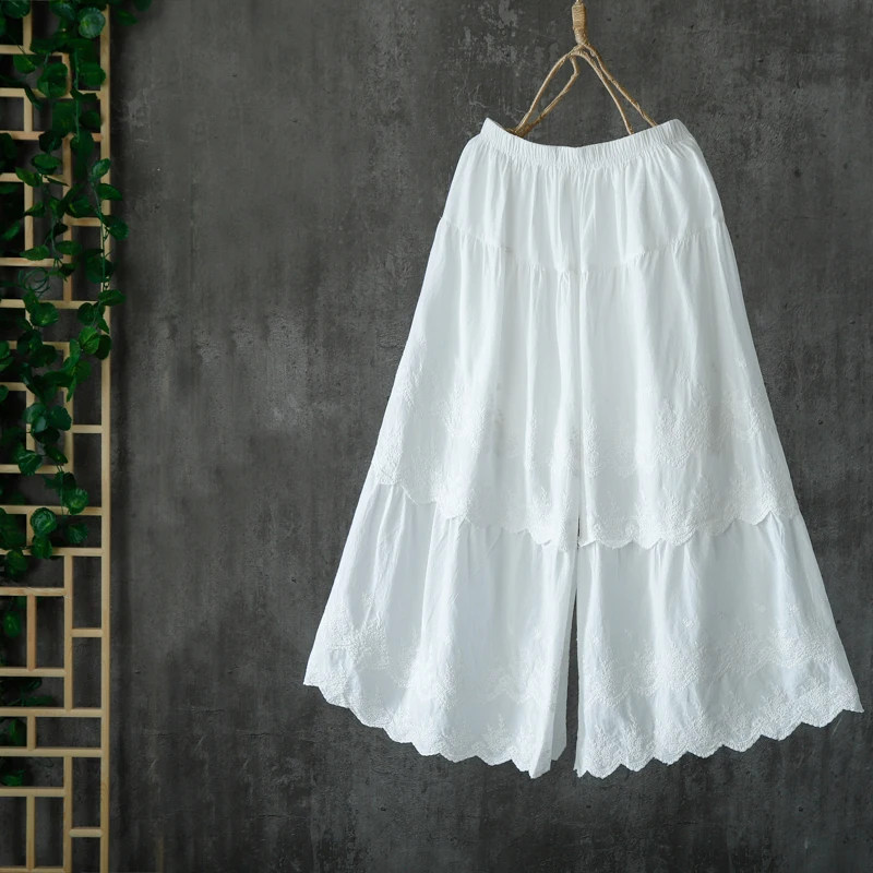 Literary cotton lace embroidered pants cropped wide leg spring summer women | Женская одежда