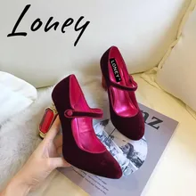 Loney New Velvet Genuine Leather Buckle Strap Women Pumps Round Toe Mary Janes Crystal Jewel Women HIgh Heels Shoes Women Loney New Velvet Genuine Leather Buckle Strap Women Pumps Round Toe Mary Janes Crystal Jewel Women HIgh Heels Shoes Women