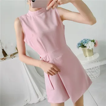 

2019 Women Belted Slim Elegant Playsuits Sleeveless Short Jumpsuit Stand Collar Irregular Lap Sexy Romper Overalls