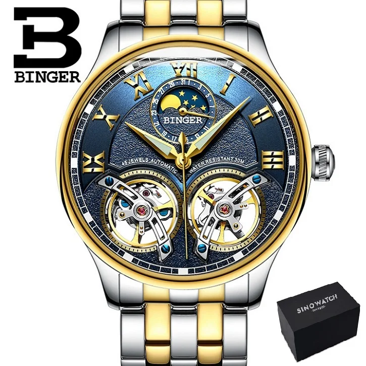 Бренд Binger, роскошные механические мужские часы, скелет, сапфировое стекло, Мате, водонепроницаемые часы, мужские часы, мужские B-8606M-008 - Цвет: FY-S-CG-BL