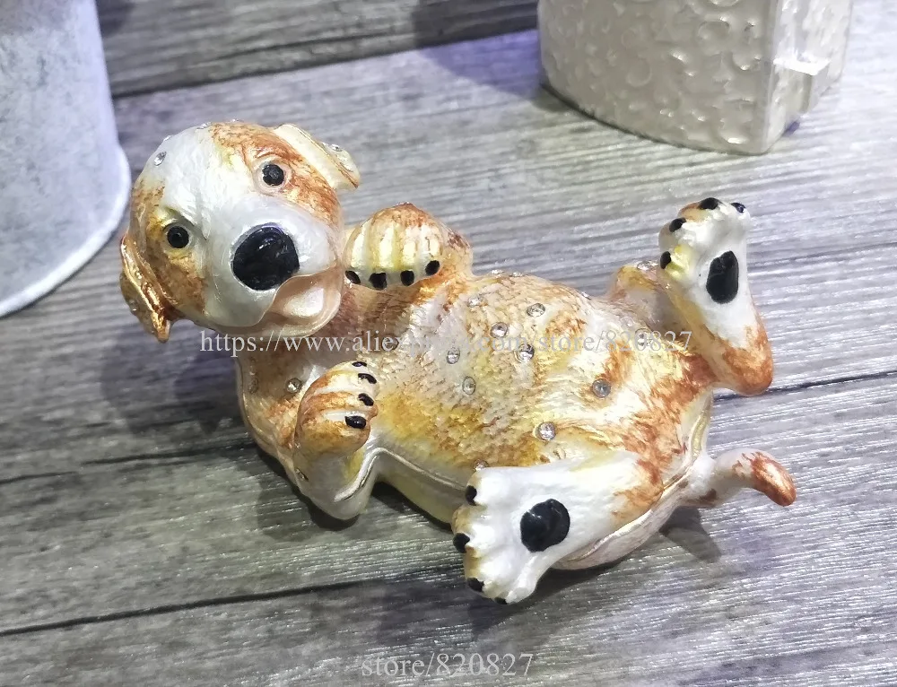 2018 Golden Dog TRINKET BOX Puppy Dog Figurine Rhinestone Enamel Dog Trinket Hinged Gift Jewelry Box Newest Dog Trinket