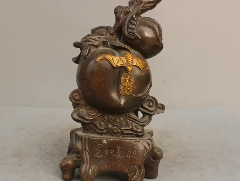 

11" China Folk Pure Bronze Gourd Calabash Peach Statue Bring Luck