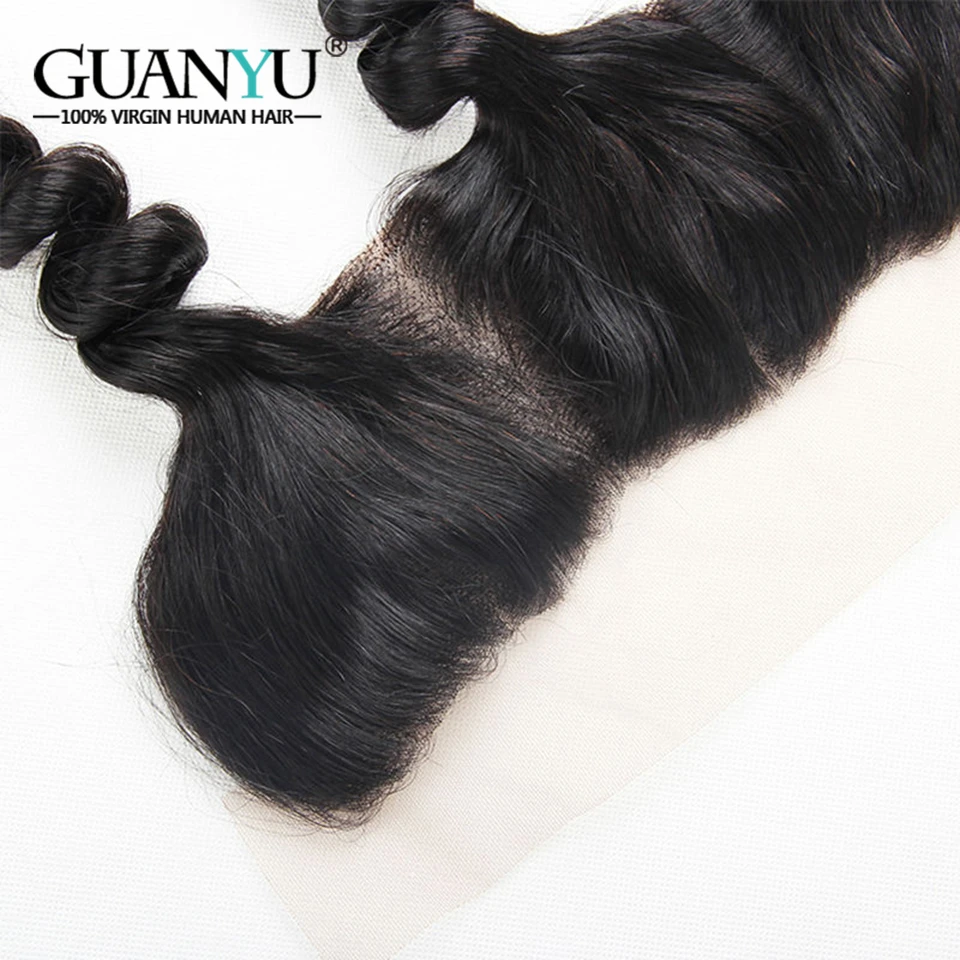 Guanyuhair Peruvian Hair Bundles Loose Wave Human Hair Extensions 3 Bundles With Frontal Closure Ear to Ear Remy Natural Color
