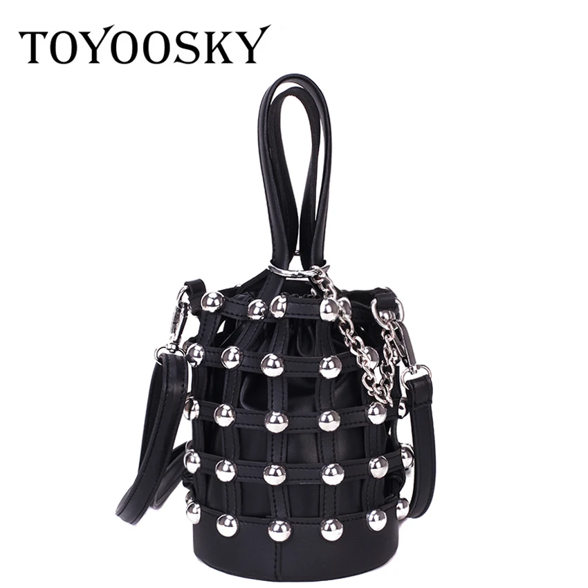 

TOYOOSKY Rivets Bucket Bag Studded Evening Party Purse Personality Design Hollow Out Handbags Rock Style Mini Crossbody Bags