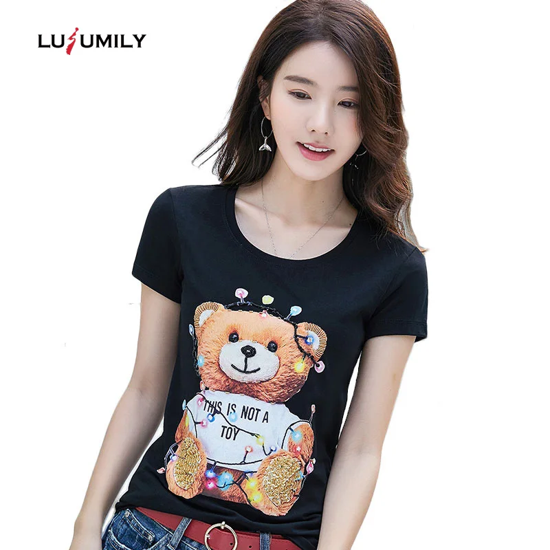 Lusumily, женская футболка размера плюс, хлопковая рубашка, блестки, кавайный медведь, Повседневная футболка, белая, черная, женские топы, летняя футболка Harajuku