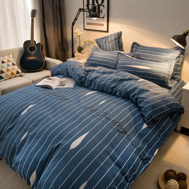 3 4pcs Bedding Set New Geometric Duvet Cover Flat Sheet Blue Stripe 3 4pcs Bedding Set New Geometric Duvet Cover Flat Sheet Blue Stripe Bed Linen Leaf
