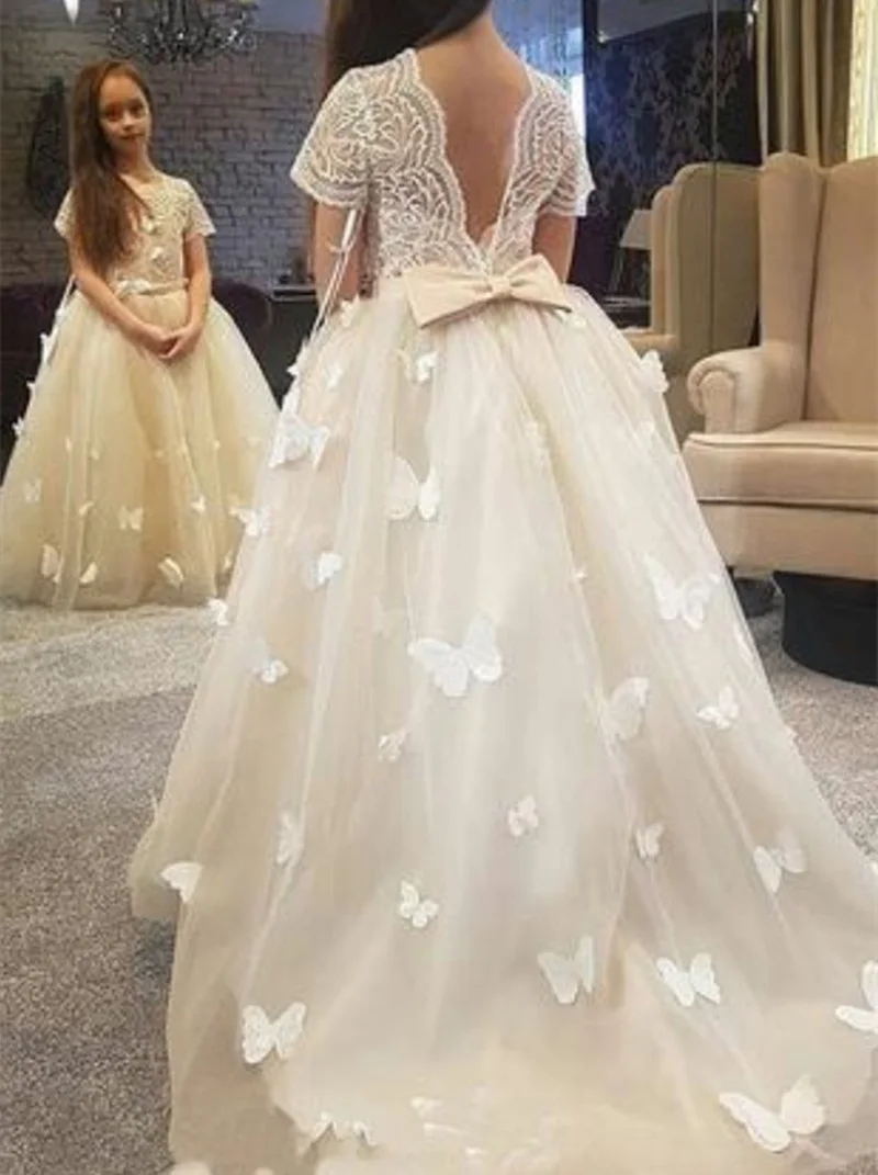 Длинное платье принцессы цвета слоновой кости с цветочным узором для девочек с короткими рукавами, вечернее платье для девочек с бабочкой
