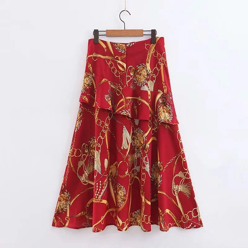Плюс размеры XXL для женщин Красная цепь узор юбки для лето г. пляжные Дамы chic плиссированные многослойные юбки boho обувь девочек оборками ЮБК