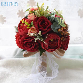 

BRITNRY 2018 Red Wedding Bouquet Handmade Rose Flower Bridal Bouquet Lace Brooch Bouquet