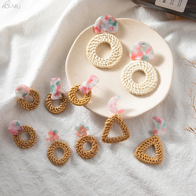

AOMU Geometric Straw Acrylic Pattern Circle Round Hollow Dangle Drop Earrings for Women Girl Party Gift Jewelry Brincos