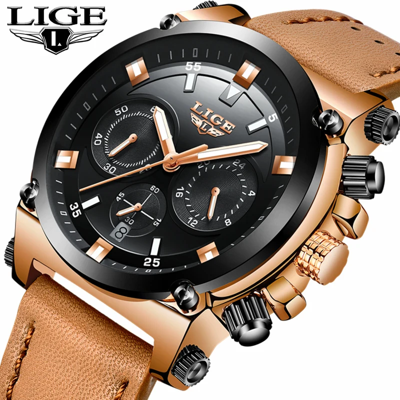 

LIGE Fashion Sports Mens Watches Top Brand Luxury Quartz Leather Casual Watch Men Waterproof Military Watches Relogio Masculino