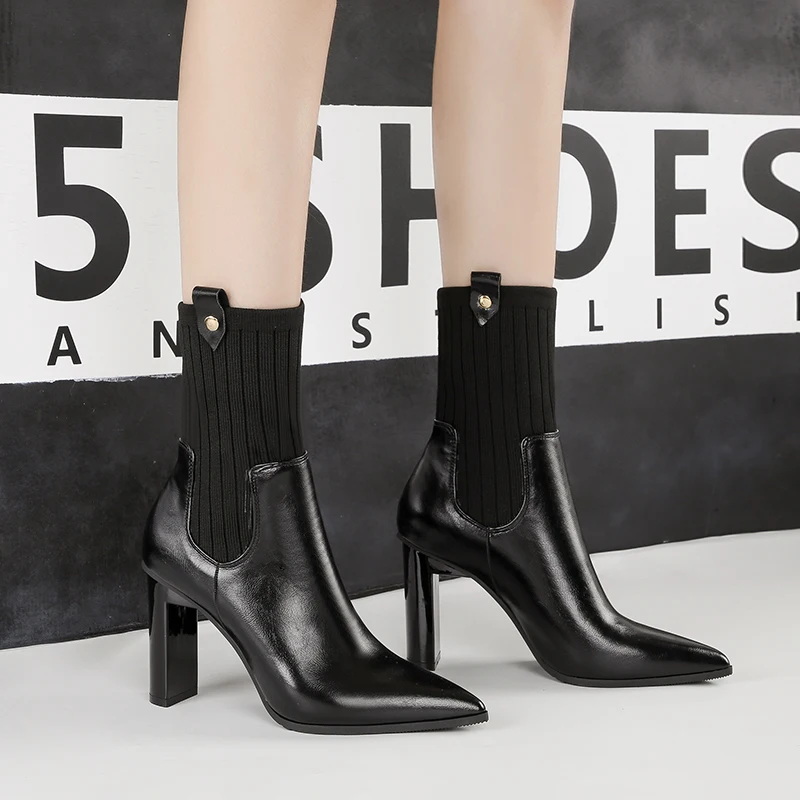 

High Heels Half sock Boots for Women Slip on Pointed toe Chelsea Boots Ladies Winter Booties Apricot brown Black zapatos mujer