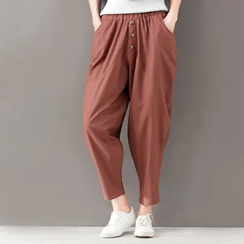 

Pure color cotton Pant girl linen large size trousers 2018 new fashion wild elastic waist loose nine pants women