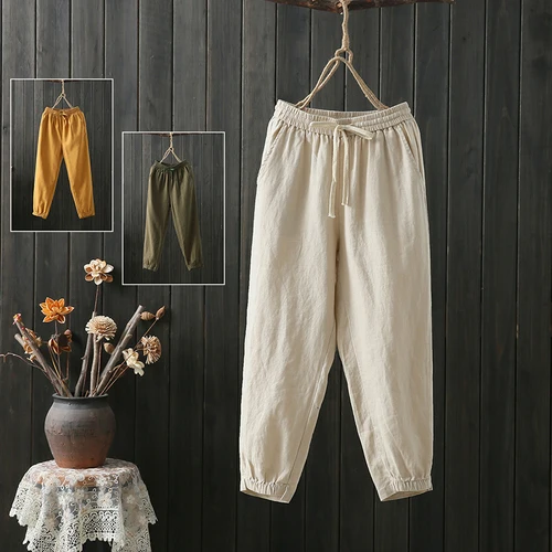 Cotton And Linen Harem Pants Women's Trousers Casual Pantalon Femme Retro Pantalon Taille Haute Femme Capris Pantalones Harem