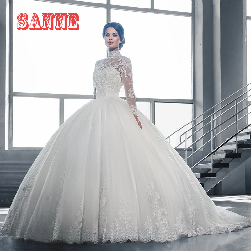 20521 Mode 2017 à Manches Longues Robe De Mariage Musulman Col Haut Avec Dentelle Applique Sweeptrain Robes De Mariée Robe De Bal Robe De Mariée