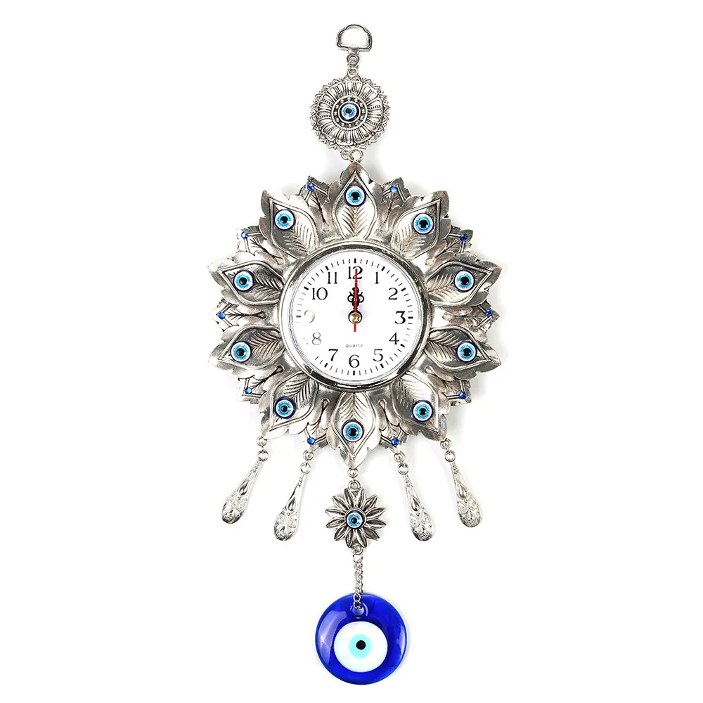 35 cm Turkish Nazar Glass Evil Eye Wall Clock Hanging Charm &Home Decor Peacock Tail Decoration