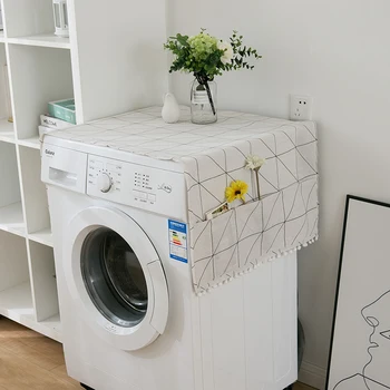 

Simanfei Washing machine Cover Rural Japan style Geometric print Cotton and linen Refrigerator Dust Cover Storage