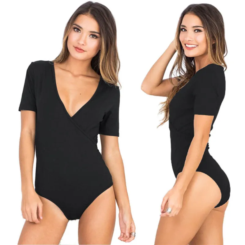 Summer Casual Women's Bodycon Bodysuit Deep V Neck Short Sleeve