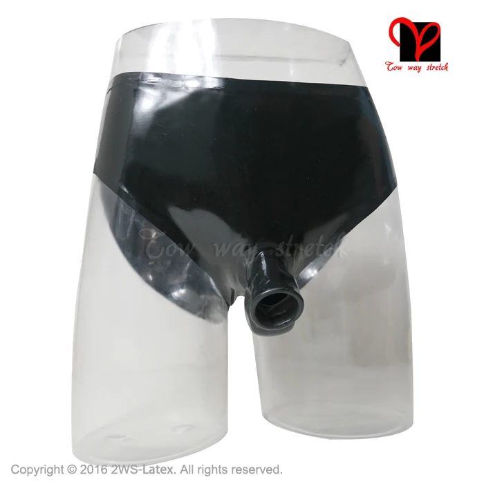 Black Sexy Latex underwear with mould penis sheath open front Rubber pants with condom Shorts KZ-043