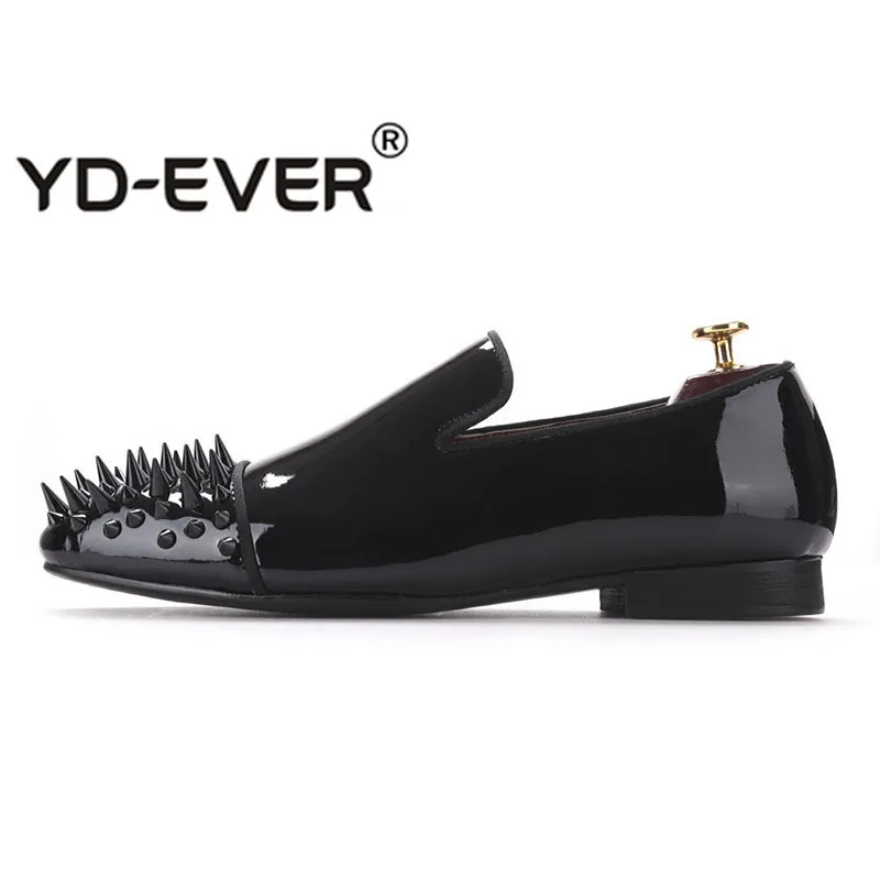 

Big Size Prom Runway Patent Leather Stud Dandelion 11 Loafers Italian Mens Shoes Brands Luxury 47 Spike Black Rivet Real Genuine