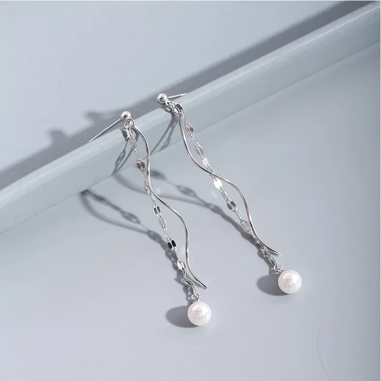 

JC Hot Sale Genuine 925 Sterling Silver Waved Dangle Earrings Elegant Wedding Engagement Women Pearl Drop Earring For Gifts