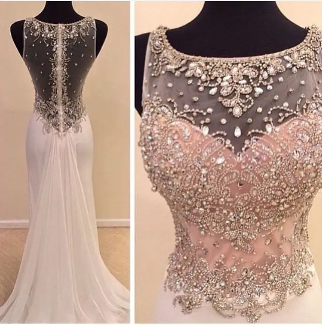 

New Robe de soiree longue 2016 Luxury Beaded Mermaid Long Evening dresses Sleeveless O-Neck Chiffon Prom Dress Vestido de noche