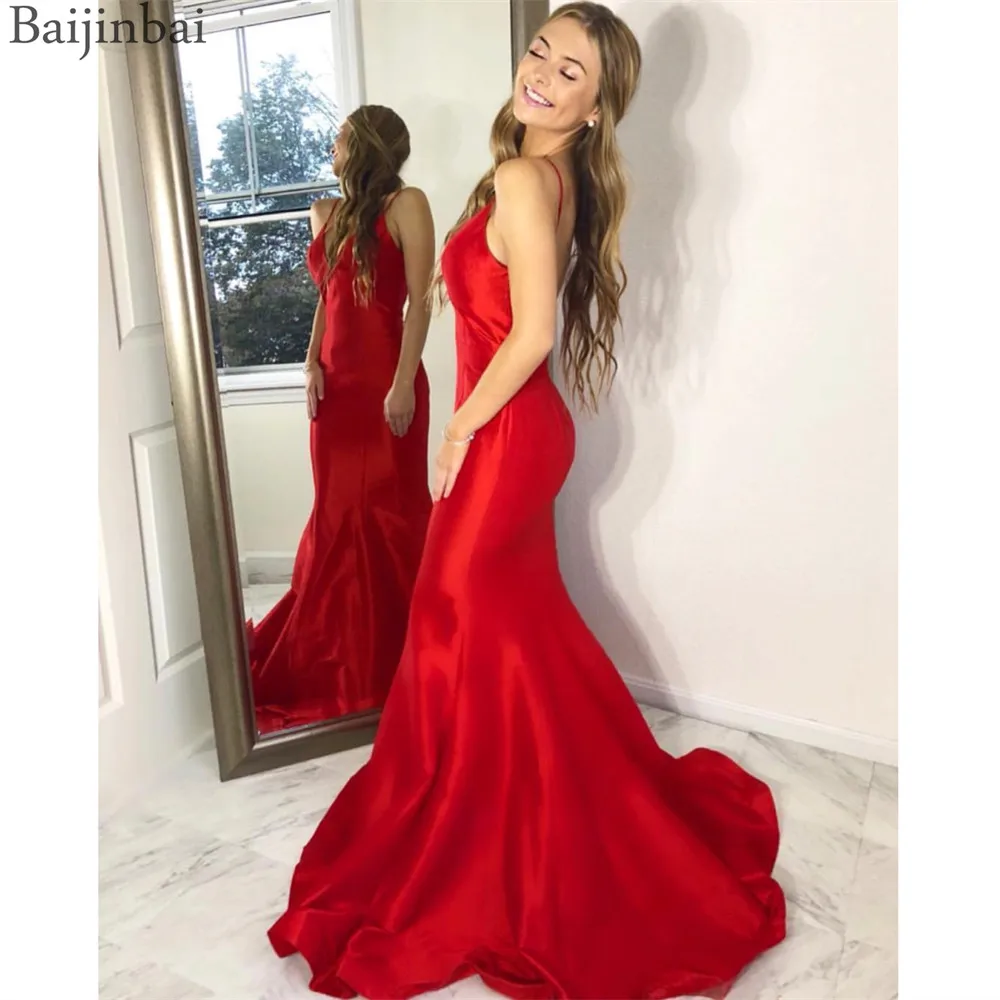 

Baijinbai Sexy Red Spaghetti Straps Mermaid Evening Prom Gowns Satin Party Vestidos Women's Formal Dresses Floor Length V Back