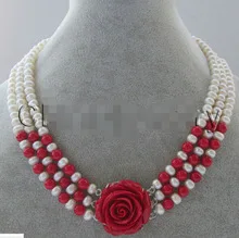 Прекрасный Повезло 17-1" 7-8 мм натуральный белый жемчуг пресноводных+ красный коралл ожерелье Женщины широкий