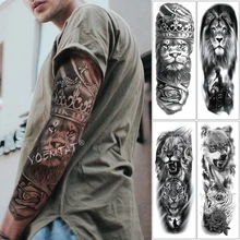 Большие рукава татуировки Лев корона король Роза водонепроницаемые Временные татуировки стикер дикий волк Тигр мужчины полный череп-Тотем Tatto