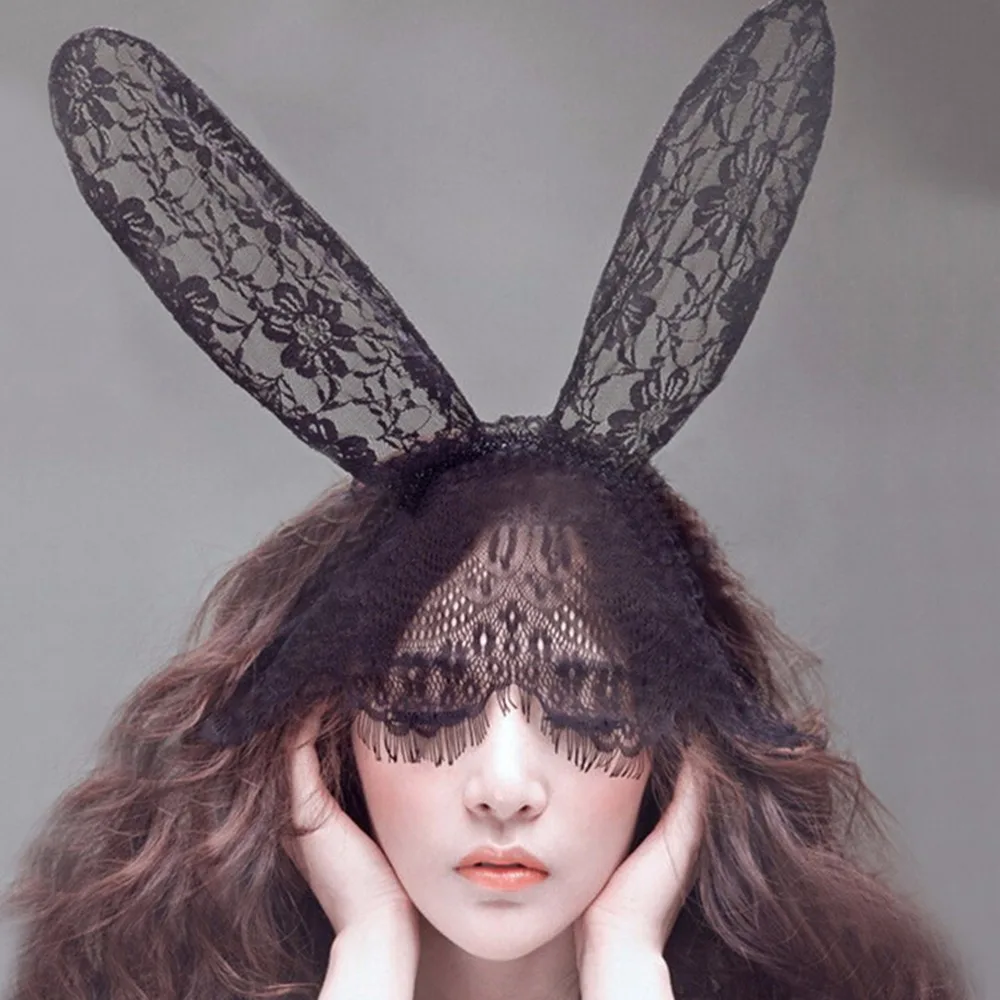 buy 1pc Rabbit Ear Headbands Women Lace Sexy Hair Band Novelty Adult Sexy Black Eye Hair Accessories Mask Bunny Ears Veil
