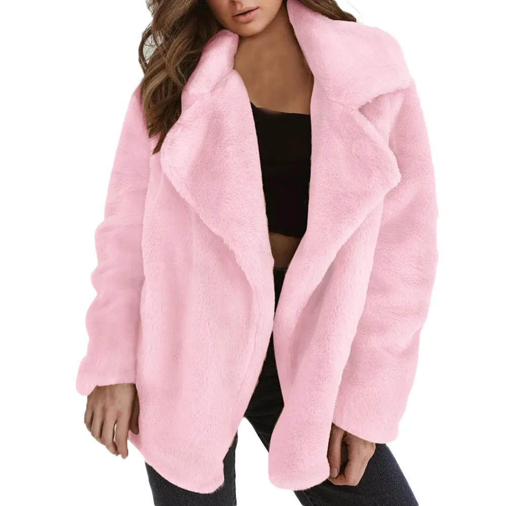 Меховое пальто, женское пушистое теплое пальто с длинным рукавом, однотонная верхняя одежда, осенне-зимнее пальто, куртка, Свободное пальто с большим воротником - Цвет: Pink