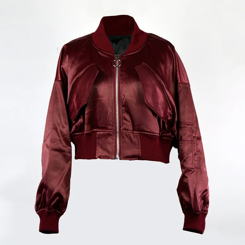 High quality Pockets Wine red short coat women jacket zipper siml