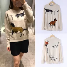 Spring 2019 New Style Bubble Horse Alphabet Pullover Round-necked Knitting White Sweater Women Clothing Pullovers