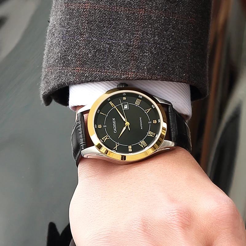 

CADISEN Watch Men Automatic Mechanical Self-Winding Date Golden Luxury Brand Sapphire Black Leather Strap Waterproof Wristwatch