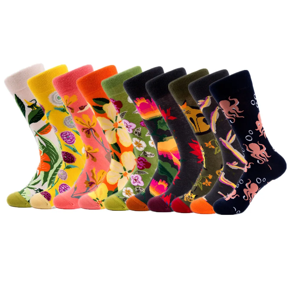 Happy Для женщин длинные носки без пятки модные креативные цветок цветные хлопчатобумажные носки забавные дышащая весеннее платье носки для