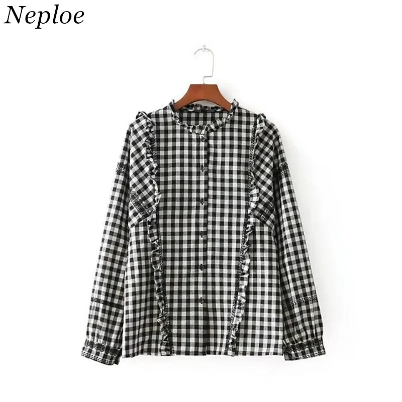 Neploe Ruffles Plaid Women Shirts 2018 Spring New Fashion Patchwork Blouse Long Sleeve Embroidery Casual Female Blusas 66733 |