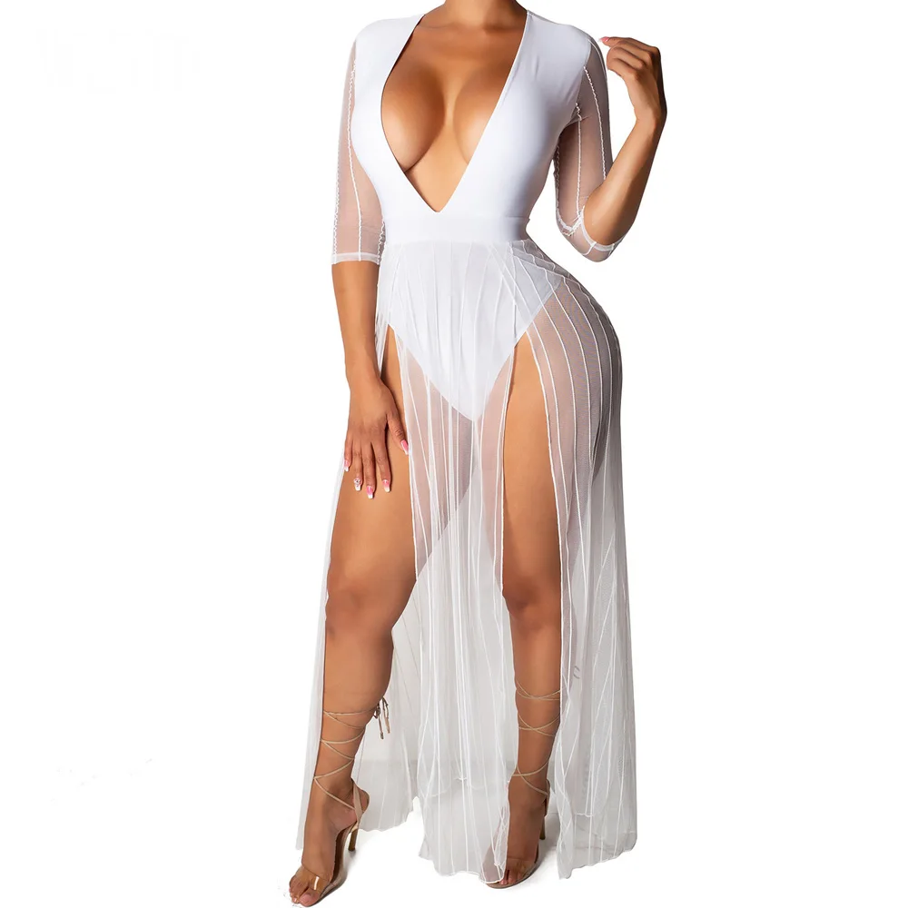 

Summer High Split Hollow Out Beach Long Dress Women Sexy Deep V Neck Boho Maxi Sundress Half Sleeve See Through Mesh Party Dress